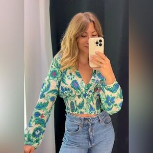 Zara Bloggers Favorite Bohemian V-Neck Floral Print Cropped Linen Blend Top Sz M